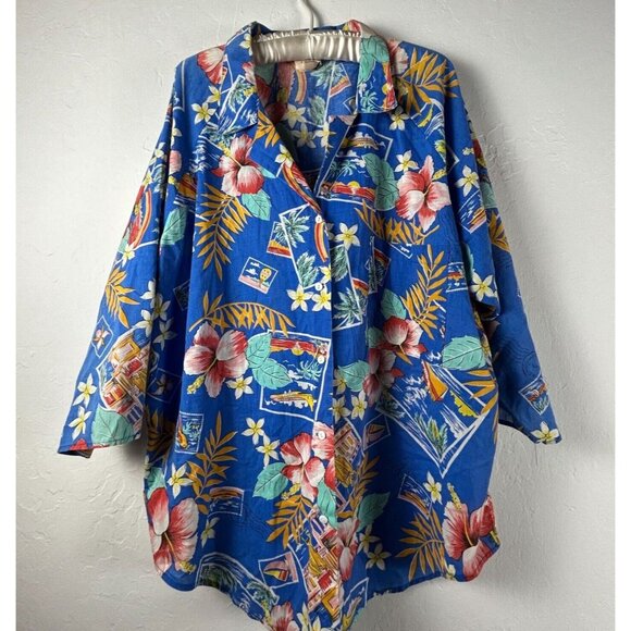 Vintage RO-VEL of California Womens 44 Blue Floral Hawaiian Oversized Tunic Boho